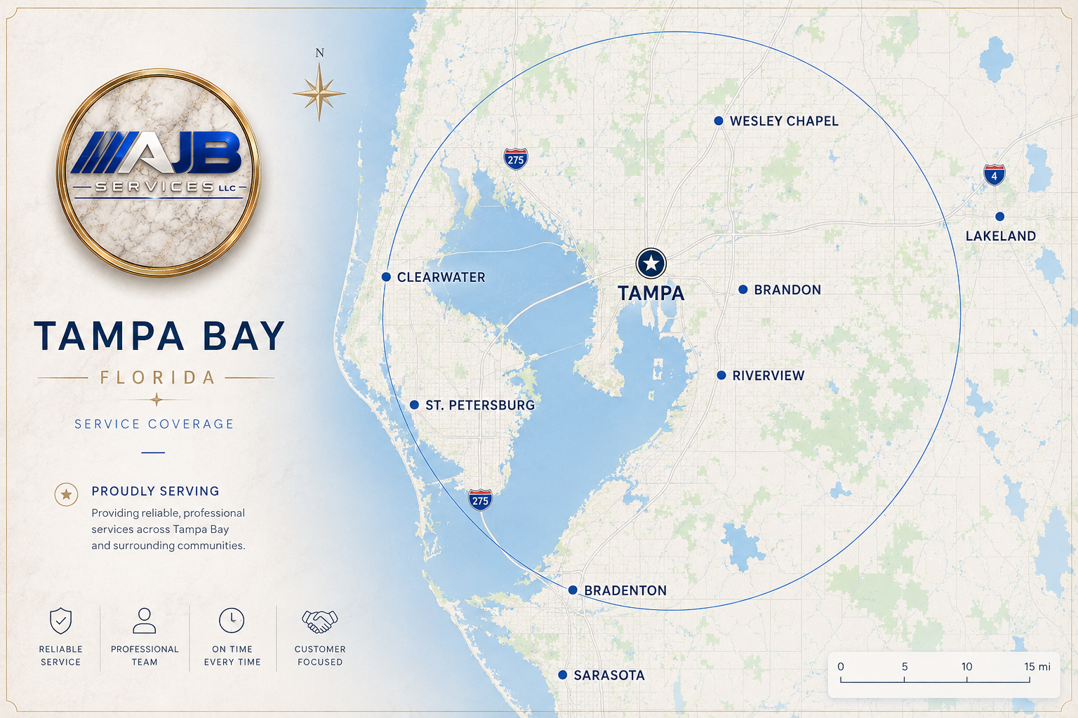 AJB Services LLC service coverage map of the Tampa Bay area, including Tampa, St. Petersburg, Clearwater, Brandon, Riverview, Wesley Chapel, Lakeland, Bradenton, and Sarasota.